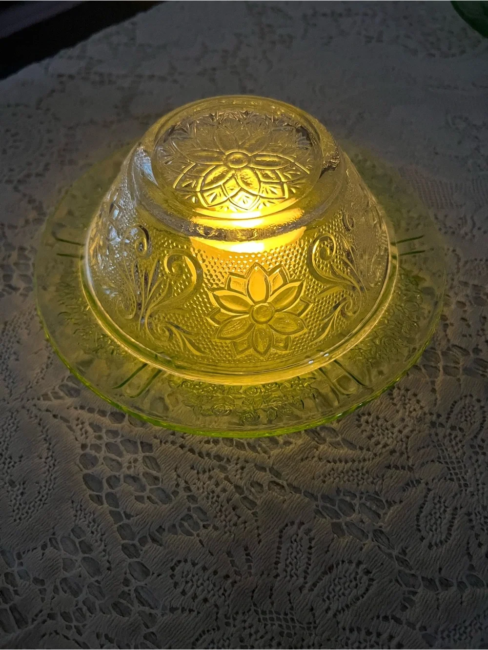 Vintage Tiara Sandwich Glass on Glowing Green DepressionGlass Saucer|UV Reactive